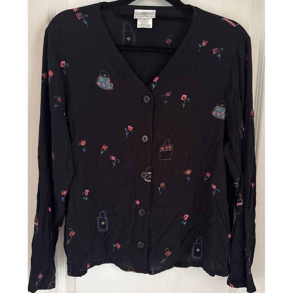 Vintage 90s Hot Cotton by Marc Ware Black Button Up Top Floral Purse Rose Sz M